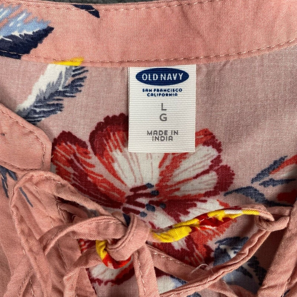Old Navy Women's  Blush Pink Floral Blous‎ Large Long Sleeve Bow Neck Pleat - Picture 3 of 15